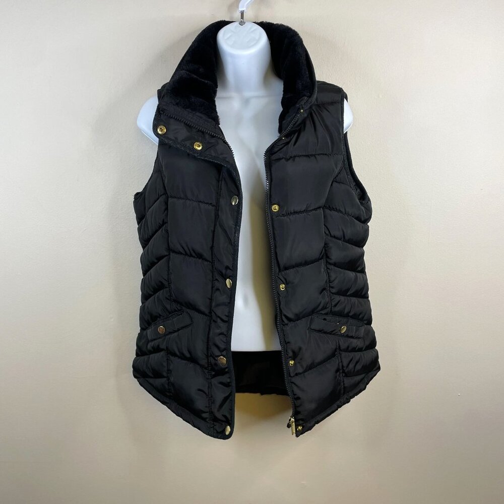 F & F Womens Cabincore Faux Fur Lined Collared Puffer Vest Size 6 Travel Zip